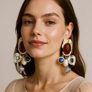 Zara Retro Imitation Pearl Round Geometric Tassel Pendant Earrings